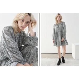 & OTHER STORIES Voluminous Twill Tiered Mini Dress Ditsy Floral Black White Sz M